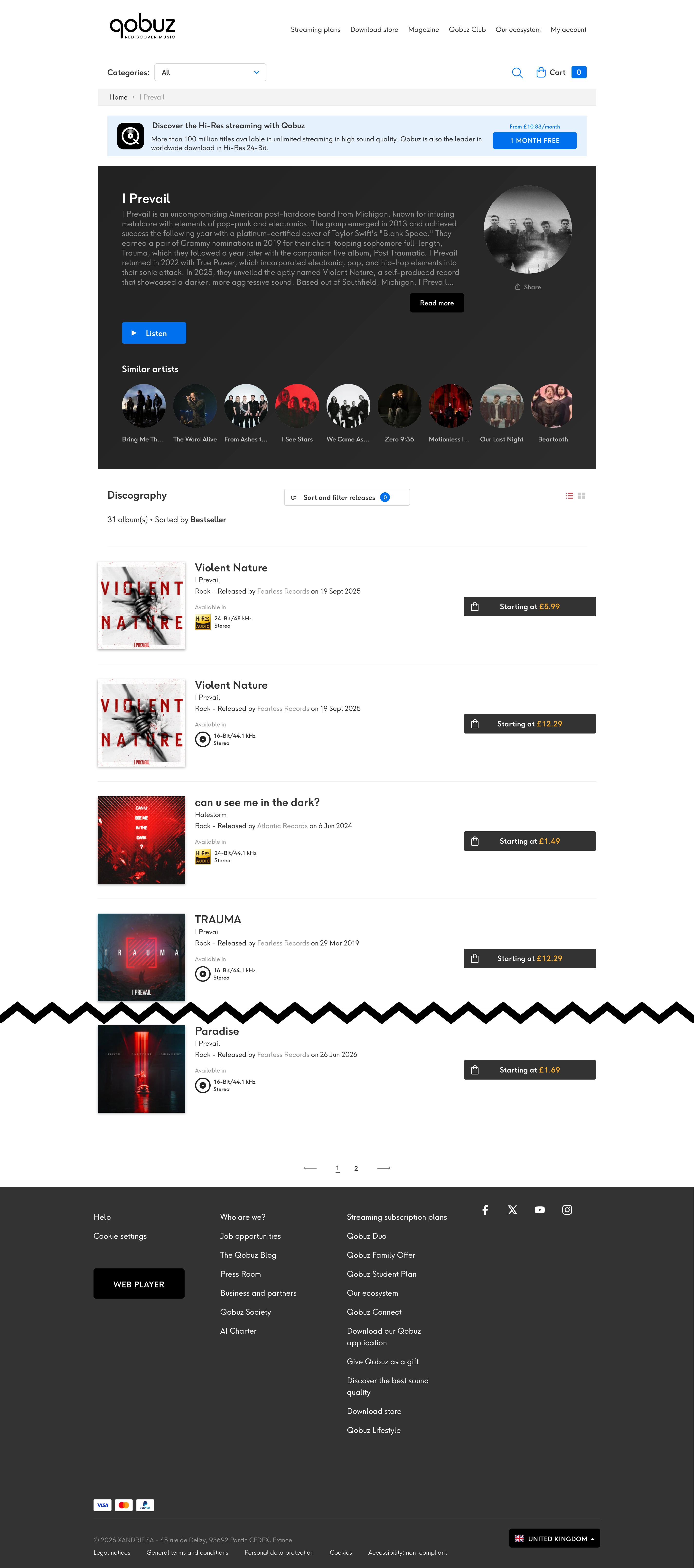 Screenshot showing the Qobuz download store when searching for the artist “I Prevail”.