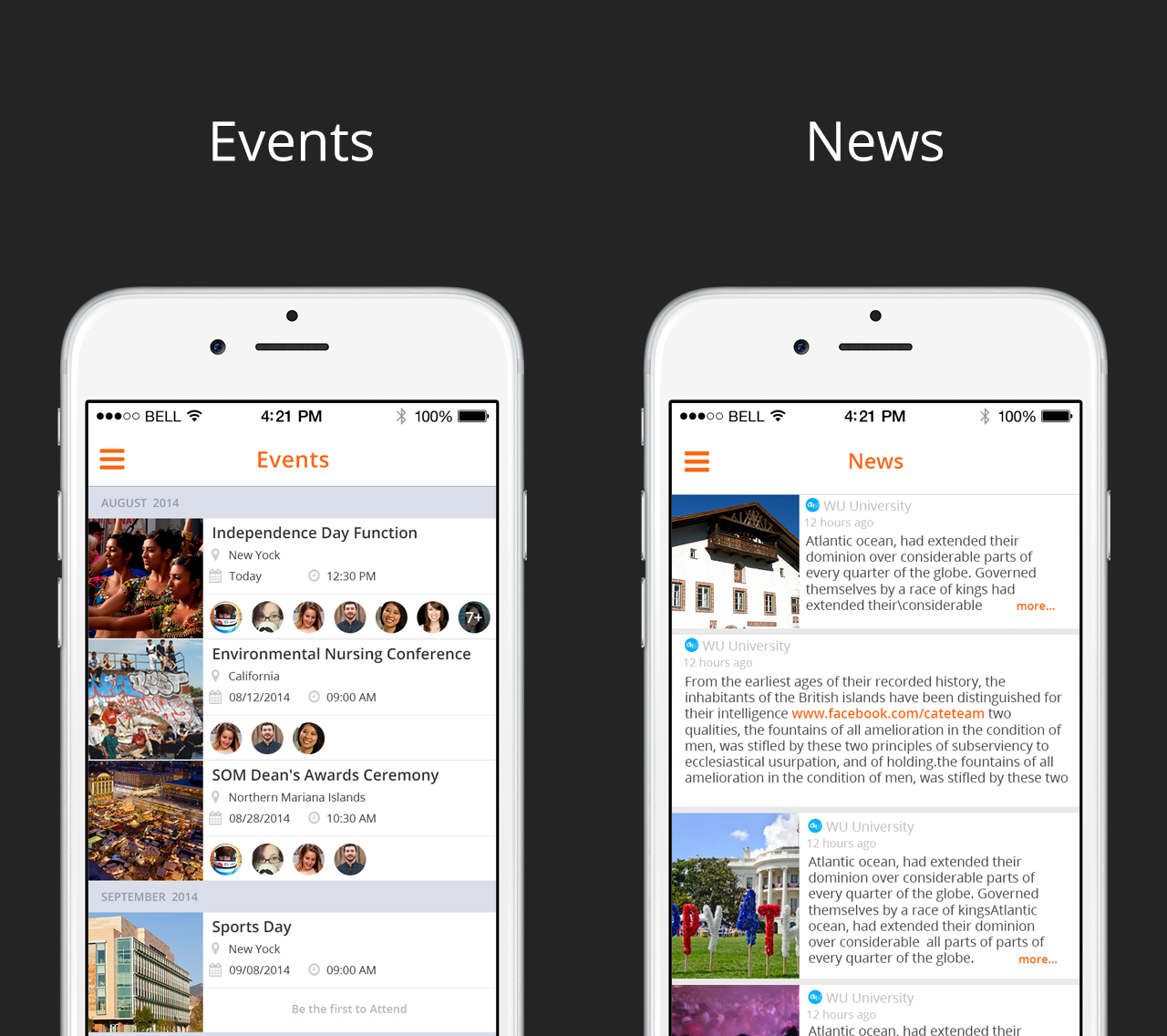 left: events (and who&rsquo;s attending); right: university & campus news